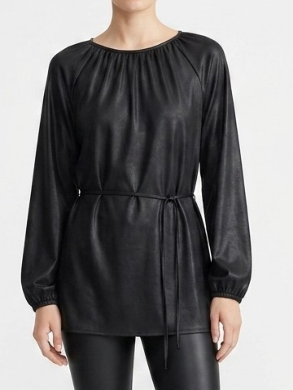 Halogen - Black Faux-Leather Long Sleeve Tunic with Waist Tie